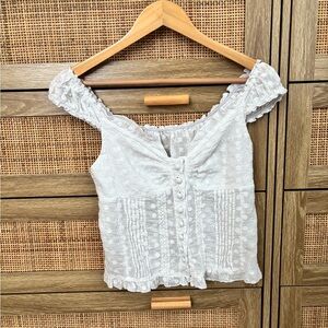 Amazon White Eyelet Off-Shoulder Ruffle Button-Front Camisole